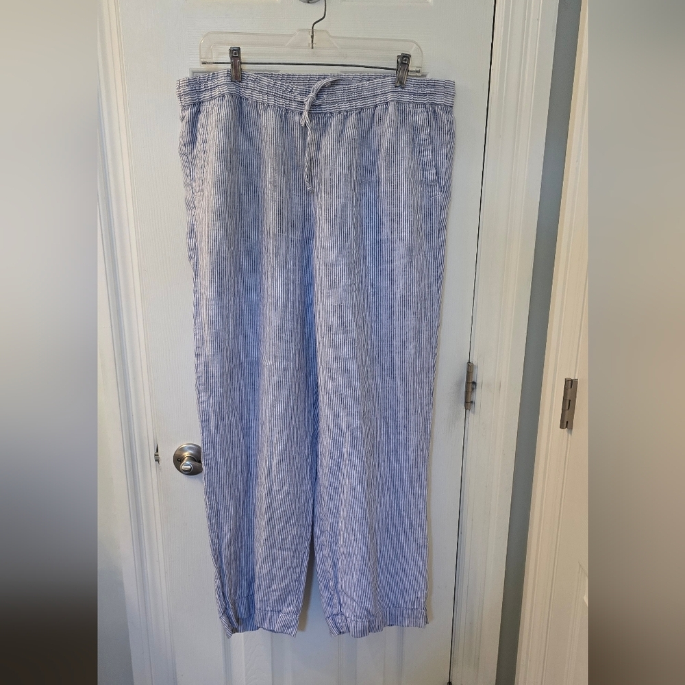 Talbots Women's Linen Wide Leg Pants, Blue & White, Front & Back Pockets (1206)